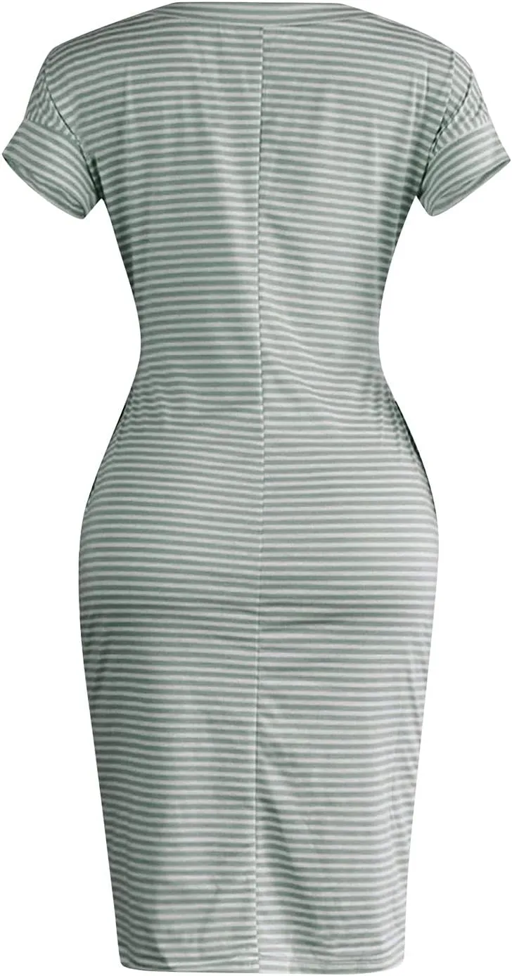 Summer Dresses for Women 2025 Striped Short Sleeve T Shirt Midi Dress Casual Tie Waist Trendy Tunic Beach Sundress