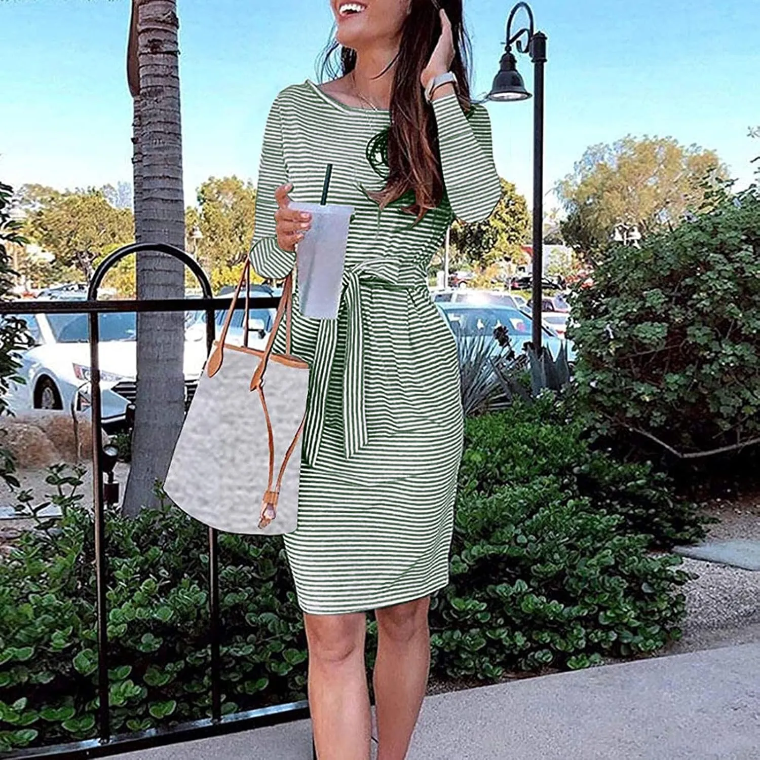 Summer Dresses for Women 2025 Striped Short Sleeve T Shirt Midi Dress Casual Tie Waist Trendy Tunic Beach Sundress