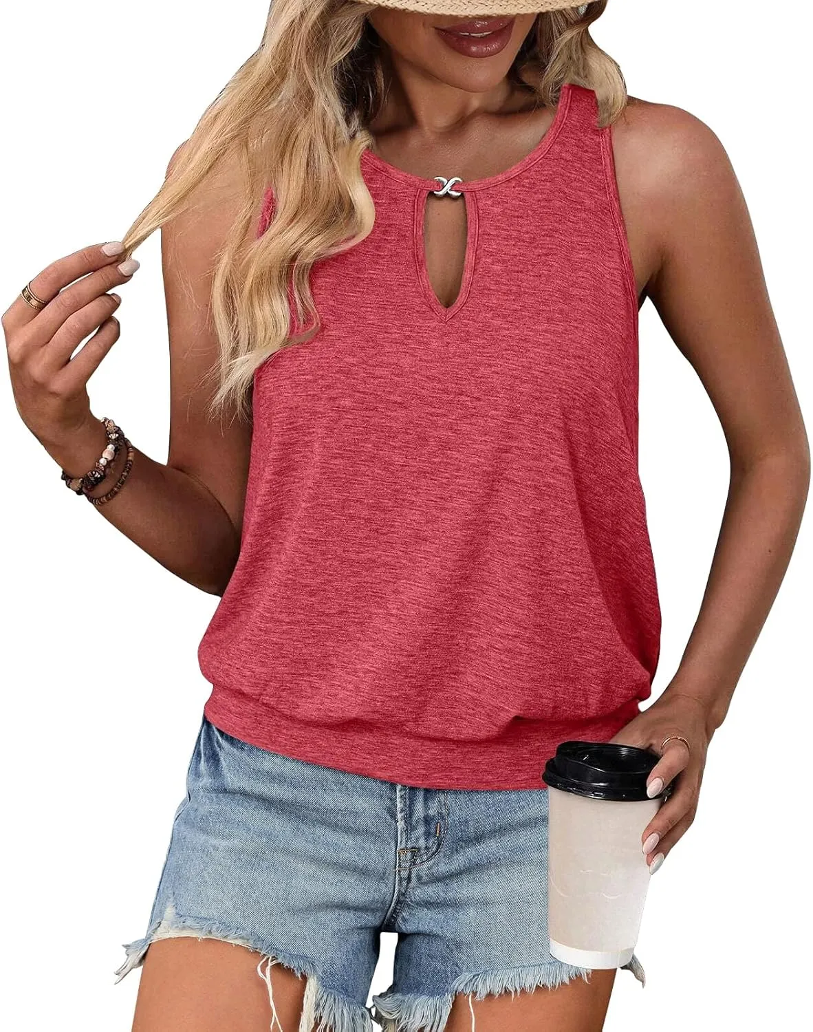 Summer Tank Tops for Women 2025 Metal Buckle Round Neck Sleeveless Fashion Loose Cute Tops Henley Shirts for Women's