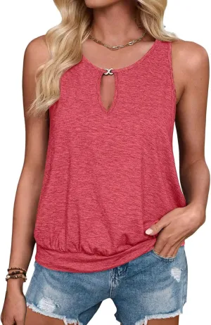 Summer Tank Tops for Women 2025 Metal Buckle Round Neck Sleeveless Fashion Loose Cute Tops Henley Shirts for Women's