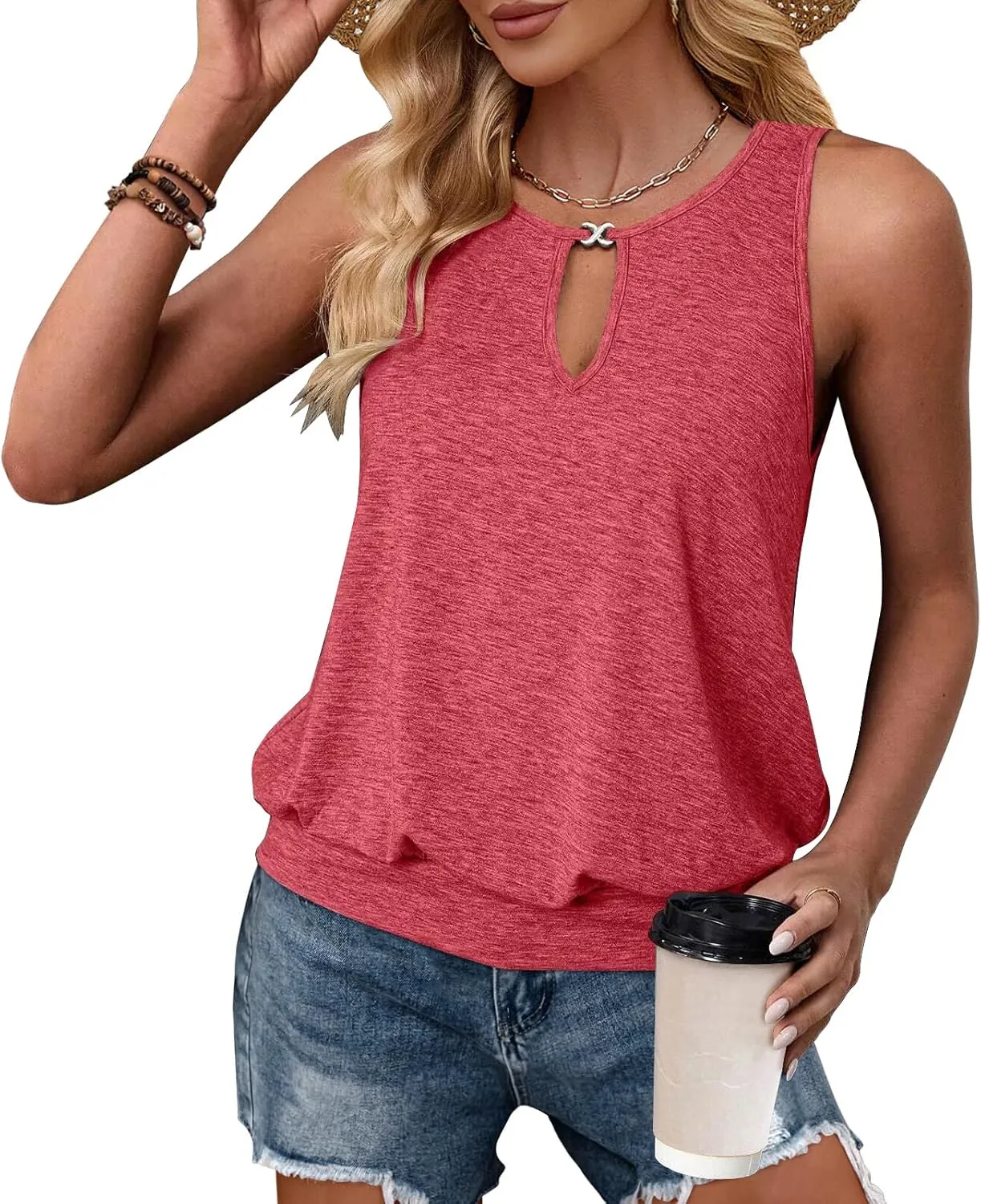 Summer Tank Tops for Women 2025 Metal Buckle Round Neck Sleeveless Fashion Loose Cute Tops Henley Shirts for Women's