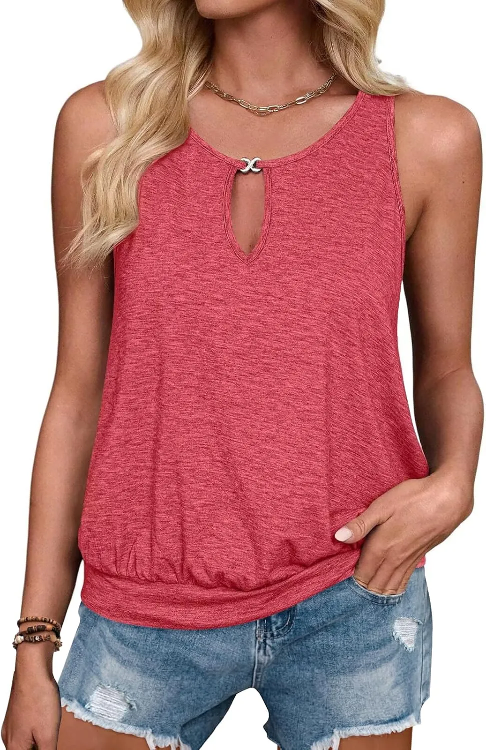 Summer Tank Tops for Women 2025 Metal Buckle Round Neck Sleeveless Fashion Loose Cute Tops Henley Shirts for Women's