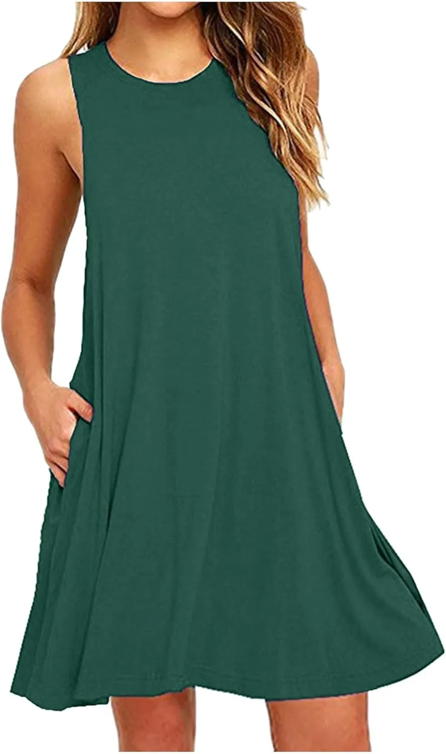 Sundresses for Women Fashion Loose Crewneck A Line Tank Mini Dress Casual Sleeveless Summer Beach Swing Dresses with Pockets