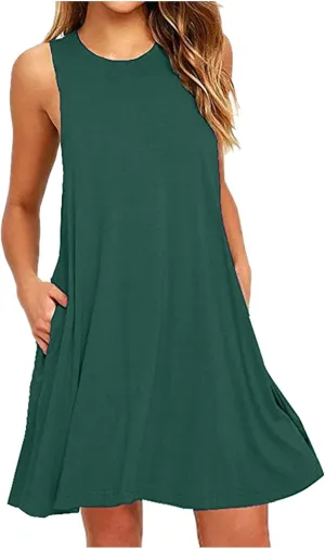 Sundresses for Women Fashion Loose Crewneck A Line Tank Mini Dress Casual Sleeveless Summer Beach Swing Dresses with Pockets