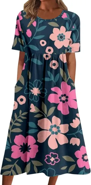 Sundresses for Women Summer Floral Casual Loose Dresses Vintage Bohemian Round Neck Short Sleeve Dress with Pockets