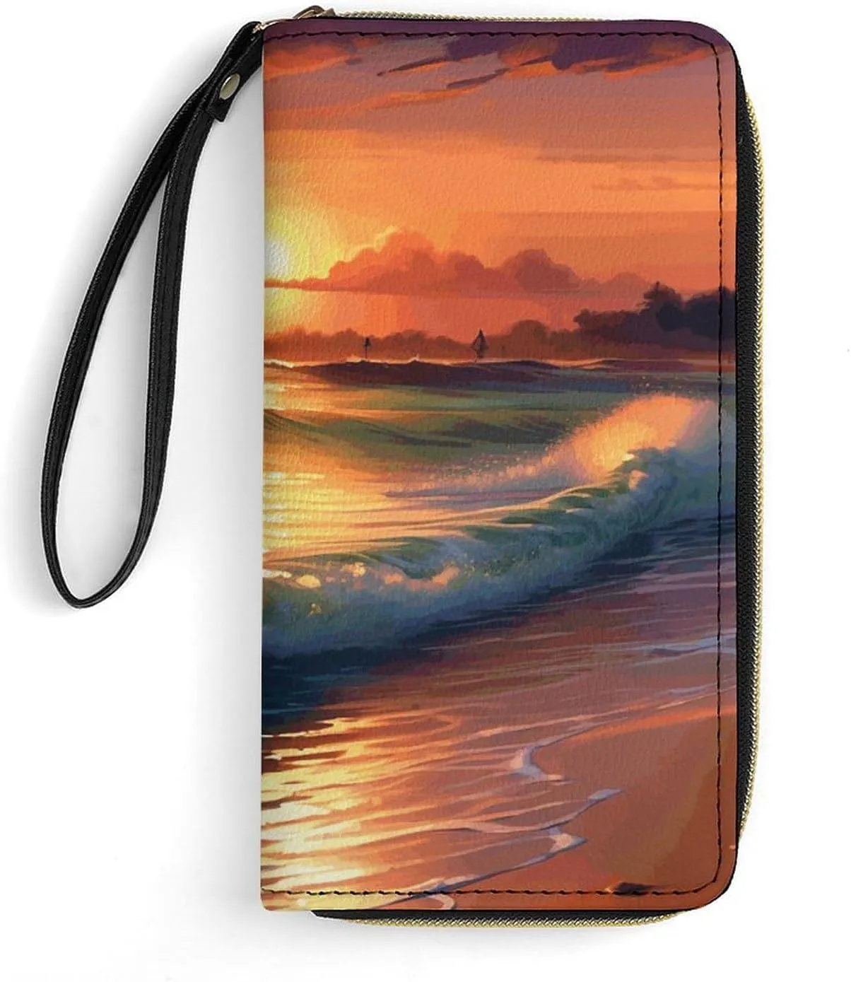 Sunset Seaside Leather Wallet Smooth Zip Around Clutch Wristlet Travel Long Soft Purse for Women