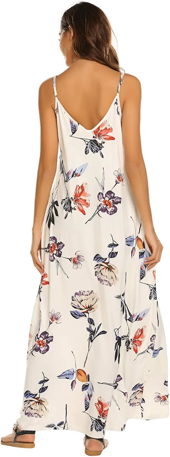 Supnier Women's Summer Maxi Dress Casual V-Neck Sleeveless Bohemian Spaghetti Strap Floral Long Maxi Dress with Pockets