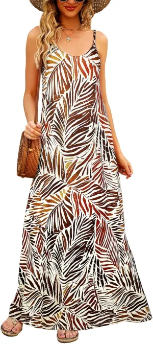 Supnier Women's Summer Maxi Dress Casual V-Neck Sleeveless Bohemian Spaghetti Strap Floral Long Maxi Dress with Pockets