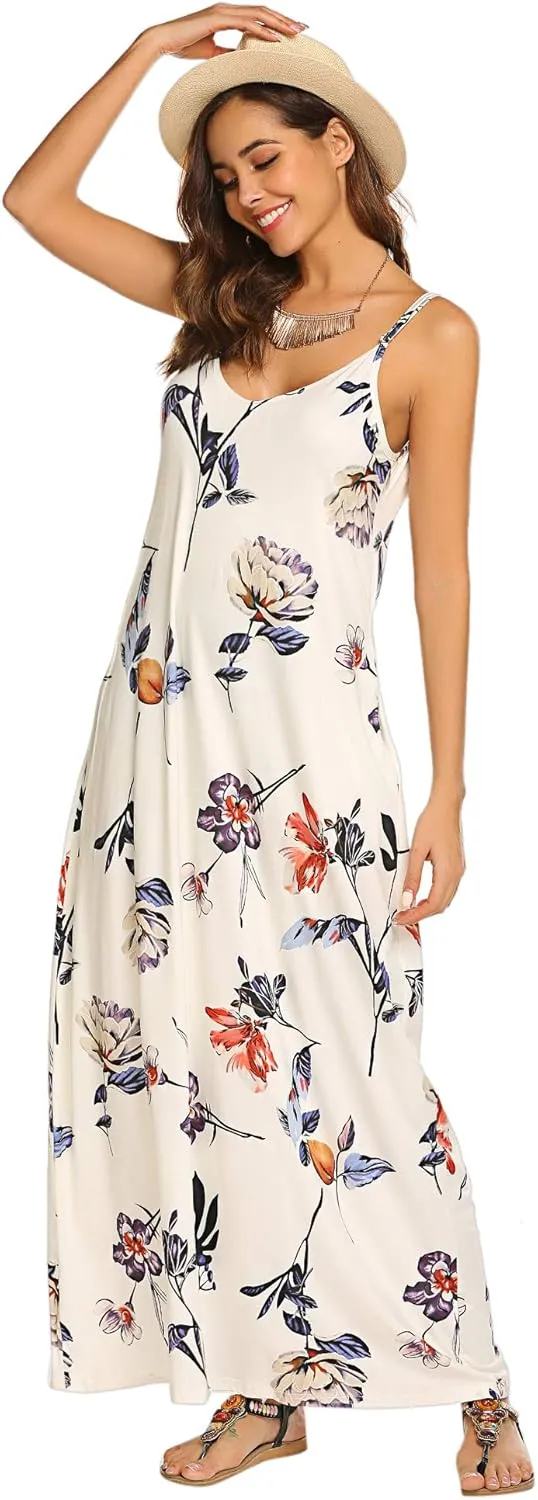 Supnier Women's Summer Maxi Dress Casual V-Neck Sleeveless Bohemian Spaghetti Strap Floral Long Maxi Dress with Pockets