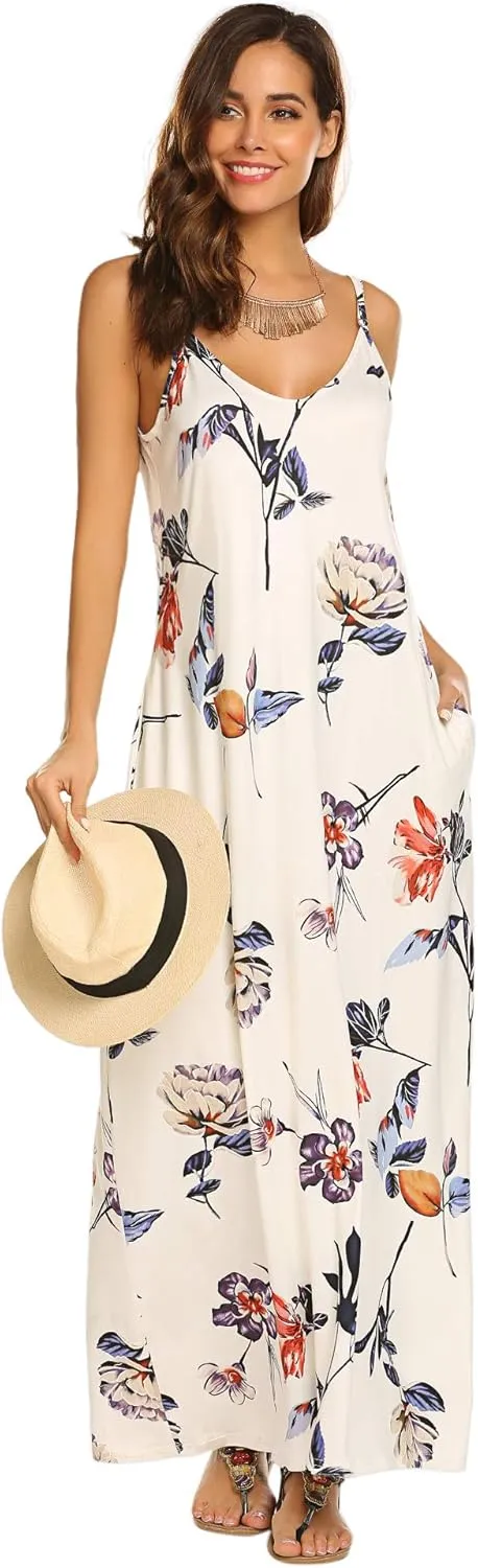 Supnier Women's Summer Maxi Dress Casual V-Neck Sleeveless Bohemian Spaghetti Strap Floral Long Maxi Dress with Pockets
