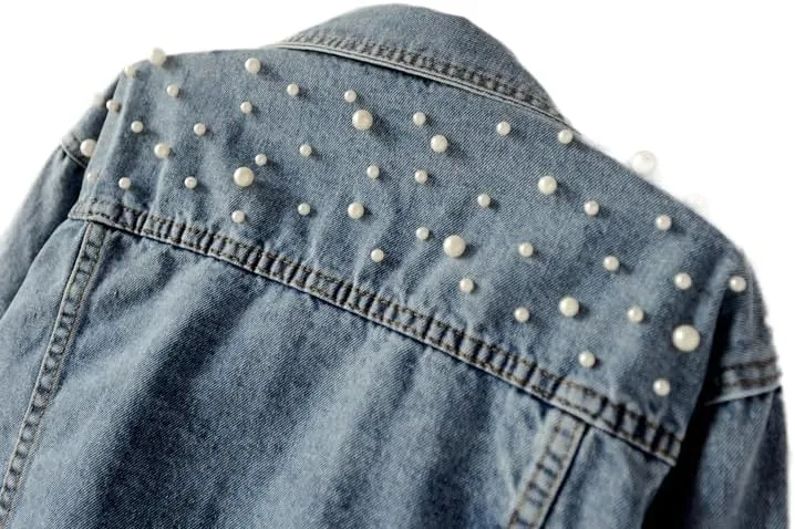 TIAFORD Women's Pearl Embroidered Button Down Denim Jacket Casual Loose Vintage Jean Coat for Women 2024