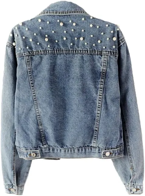TIAFORD Women's Pearl Embroidered Button Down Denim Jacket Casual Loose Vintage Jean Coat for Women 2024