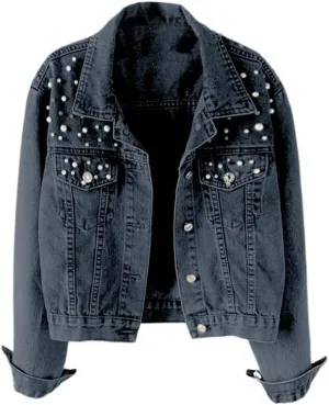 TIAFORD Women's Pearl Embroidered Button Down Denim Jacket Casual Loose Vintage Jean Coat for Women 2024