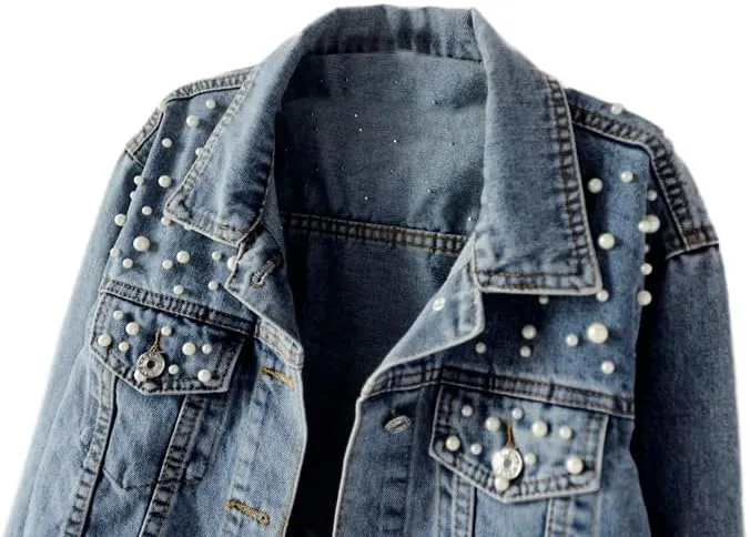 TIAFORD Women's Pearl Embroidered Button Down Denim Jacket Casual Loose Vintage Jean Coat for Women 2024