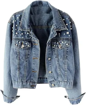 TIAFORD Women's Pearl Embroidered Button Down Denim Jacket Casual Loose Vintage Jean Coat for Women 2024