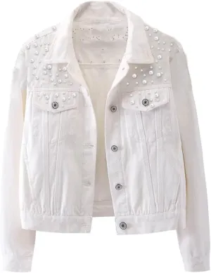 TIAFORD Women's Pearl Embroidered Button Down Denim Jacket Casual Loose Vintage Jean Coat for Women 2024