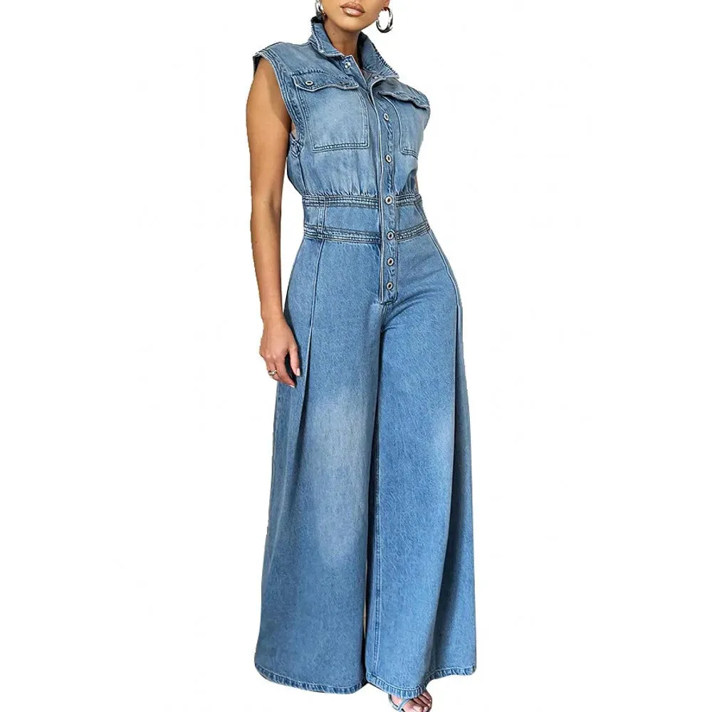 Trend4us Vintage Sleeveless Denim Wide-Leg Jumpsuit