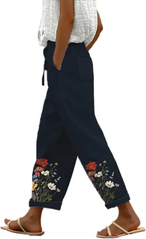 Trendy Pants for Women 2025 Floral Butterfly Print Lightweight Breathable Casual Beach Trousers with Pocket