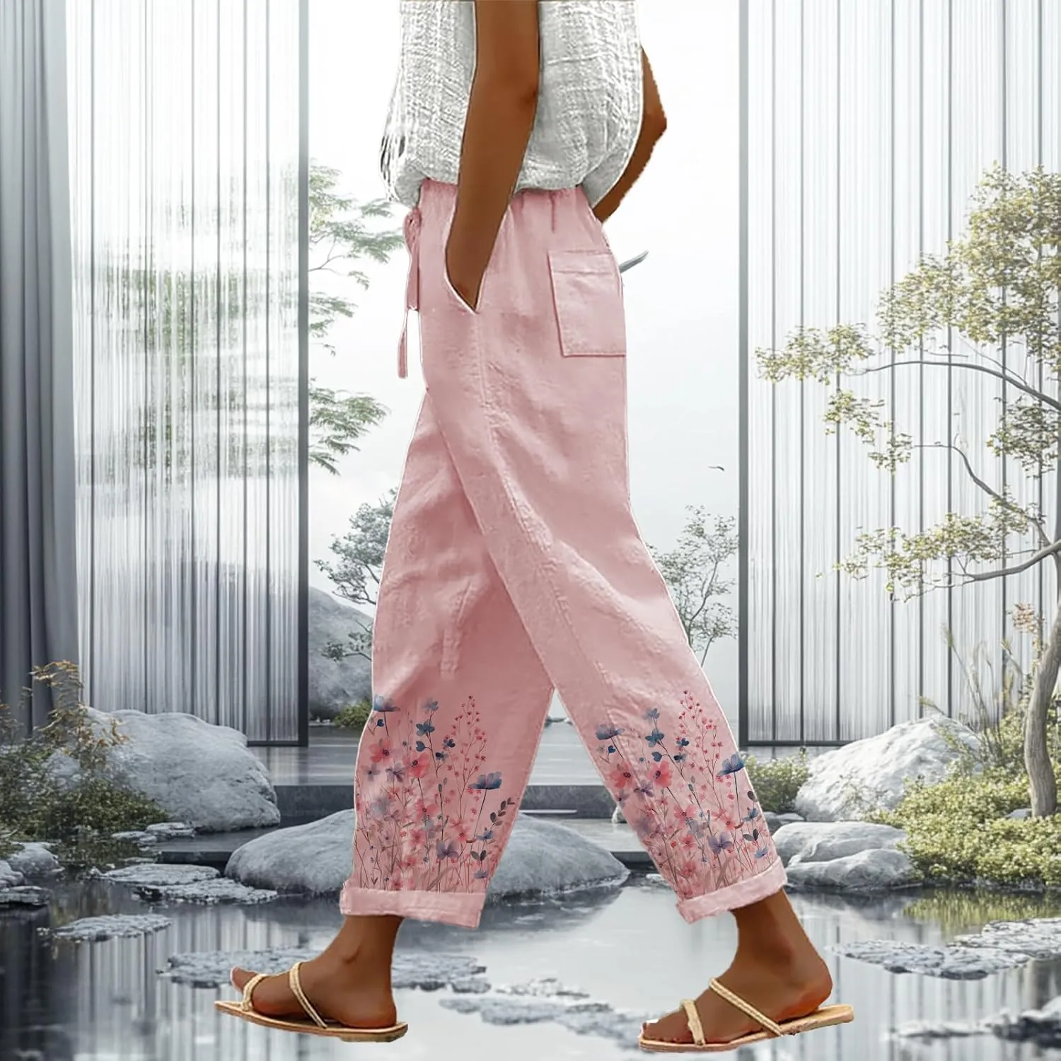 Trendy Pants for Women 2025 Floral Butterfly Print Lightweight Breathable Casual Beach Trousers with Pocket