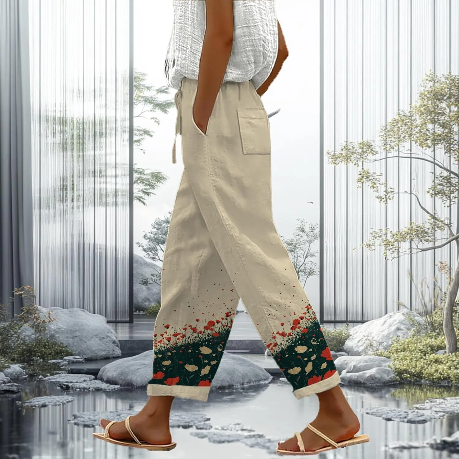 Trendy Pants for Women 2025 Floral Butterfly Print Lightweight Breathable Casual Beach Trousers with Pocket