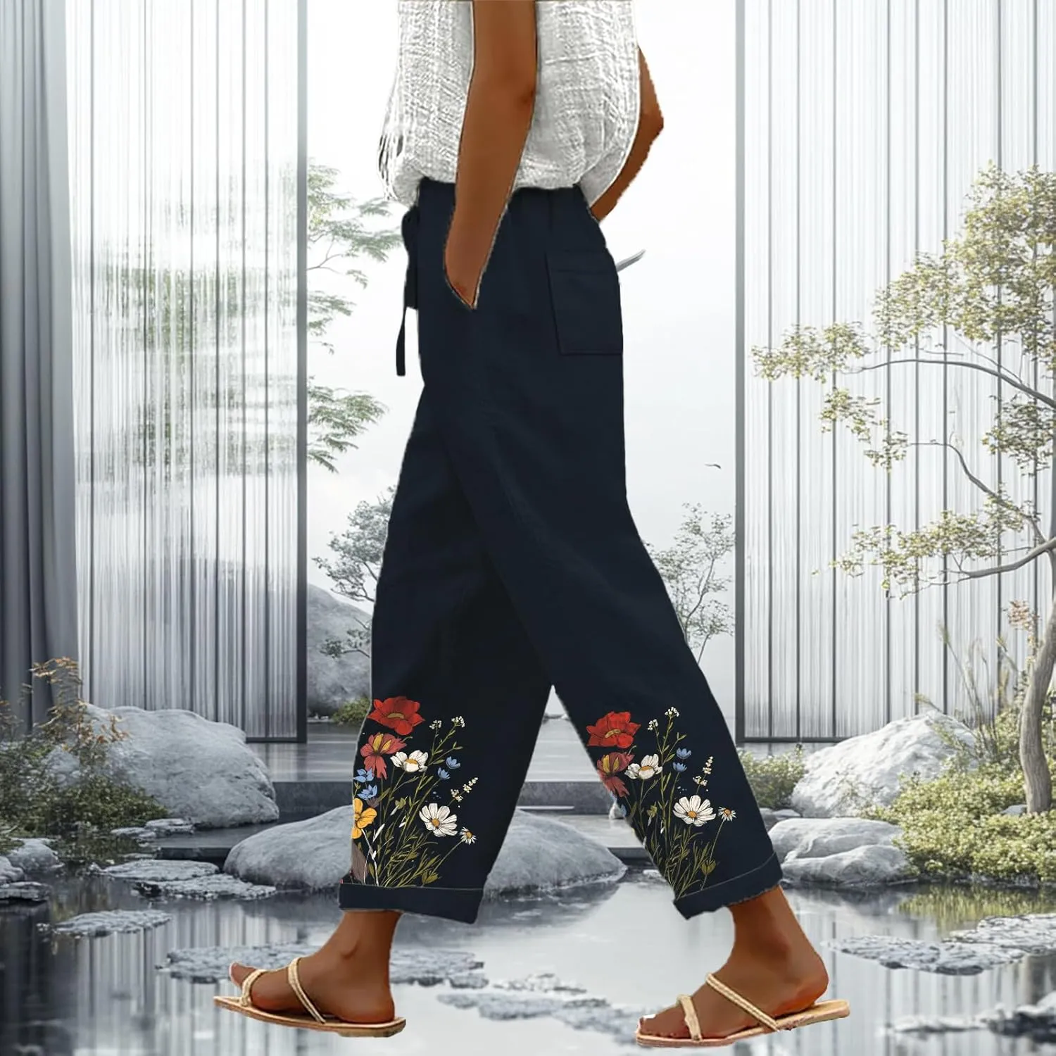 Trendy Pants for Women 2025 Floral Butterfly Print Lightweight Breathable Casual Beach Trousers with Pocket