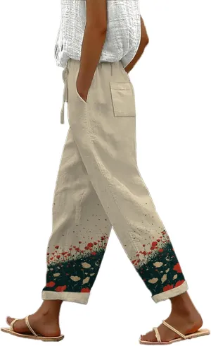 Trendy Pants for Women 2025 Floral Butterfly Print Lightweight Breathable Casual Beach Trousers with Pocket