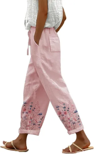 Trendy Pants for Women 2025 Floral Butterfly Print Lightweight Breathable Casual Beach Trousers with Pocket