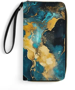 Turquoise And Gold Leather Wallet Smooth Zip Around Clutch Wristlet Travel Long Soft Purse for Women