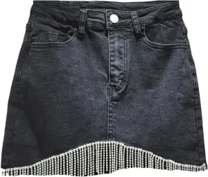UIOKLMJH High Waisted Denim Skirt for Women Spring Busienss Office Irregular Tassel Wrap Hip Mini Skirt