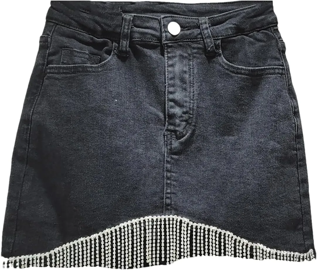 UIOKLMJH High Waisted Denim Skirt for Women Spring Busienss Office Irregular Tassel Wrap Hip Mini Skirt