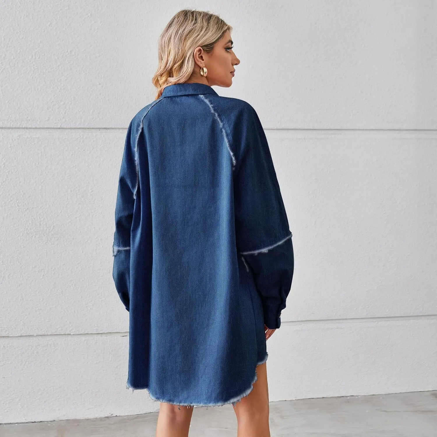 utcoco Women's Oversized Denim Jacket Button Up Frayed Hem Shacket Long Boyfriend Distressed Jean Dress