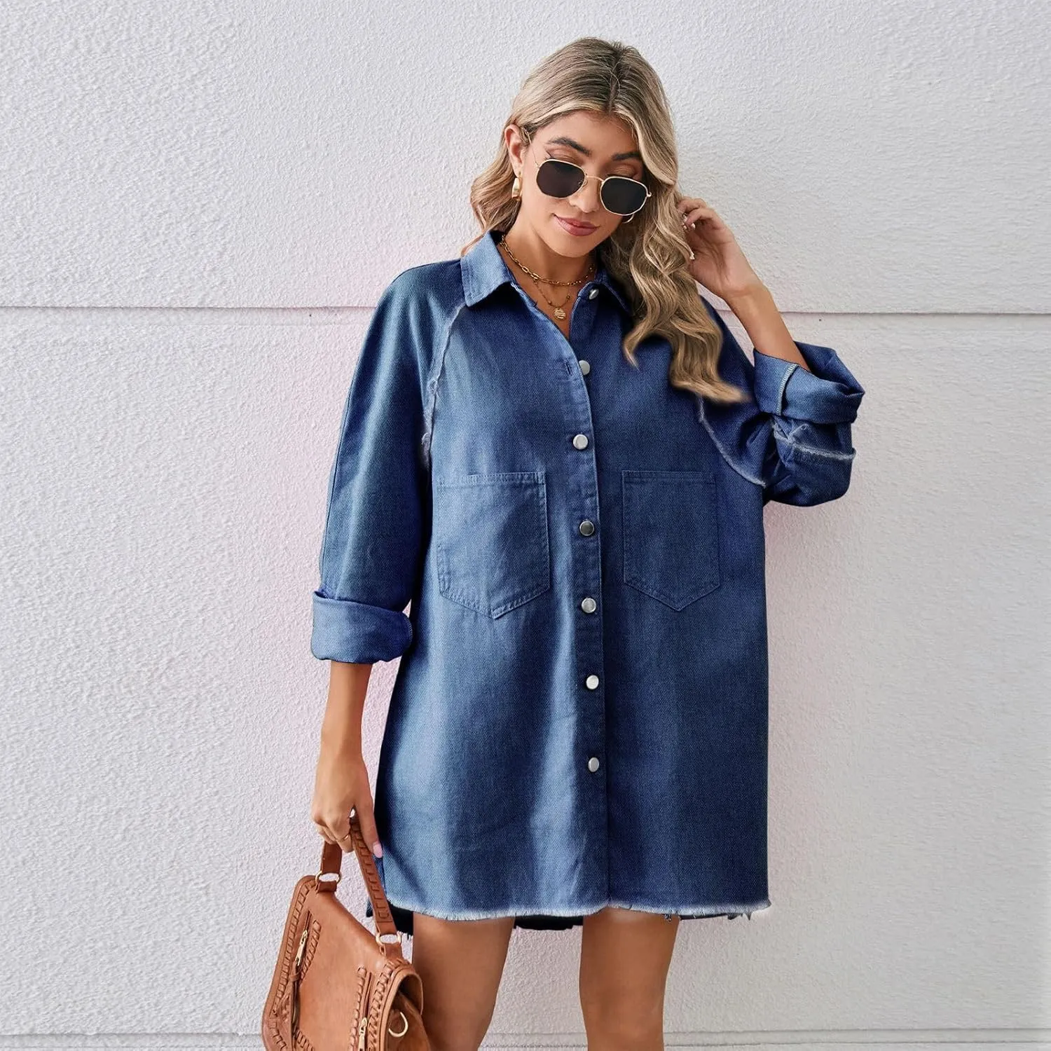 utcoco Women's Oversized Denim Jacket Button Up Frayed Hem Shacket Long Boyfriend Distressed Jean Dress