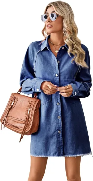 utcoco Women's Oversized Denim Jacket Button Up Frayed Hem Shacket Long Boyfriend Distressed Jean Dress