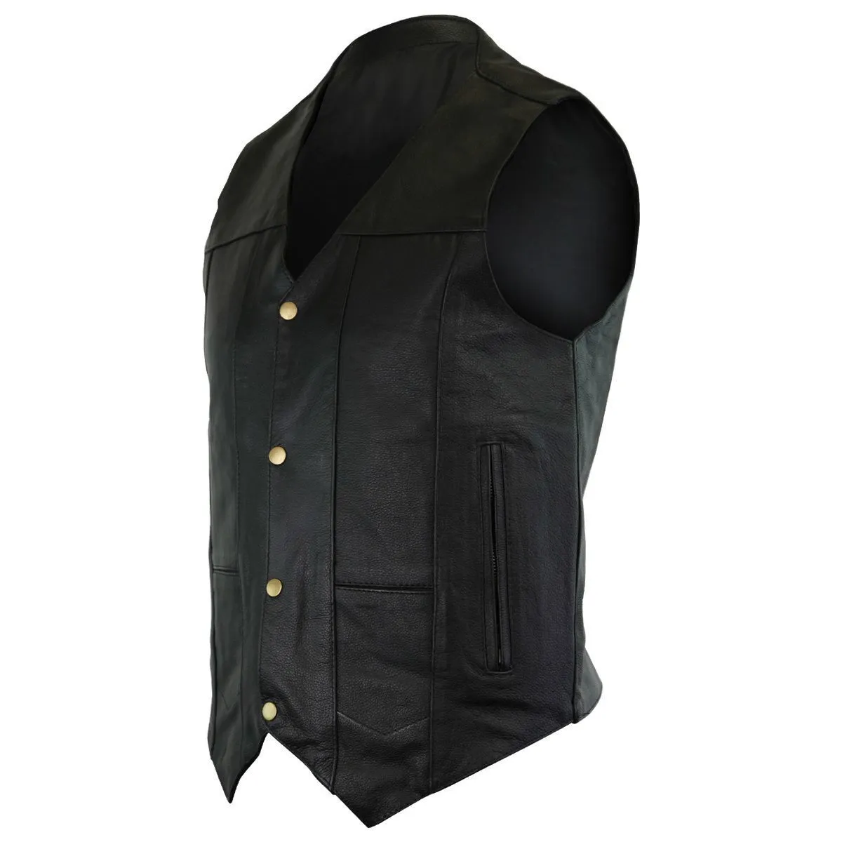 Vance Men's Black Premium Cowhide Leather Plain Side Biker Motorcycle Vest
