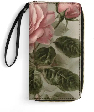 Vintage Pink Rose Leather Wallet Smooth Zip Around Clutch Wristlet Travel Long Soft Purse for Women