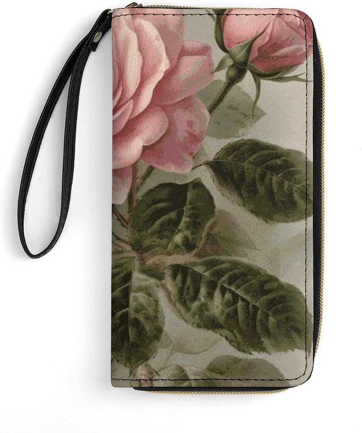Vintage Pink Rose Leather Wallet Smooth Zip Around Clutch Wristlet Travel Long Soft Purse for Women