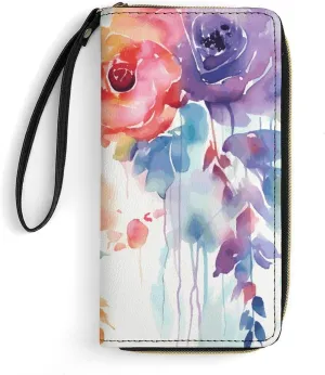 Watercolor Floral Leather Wallet Smooth Zip Around Clutch Wristlet Travel Long Soft Purse for Women