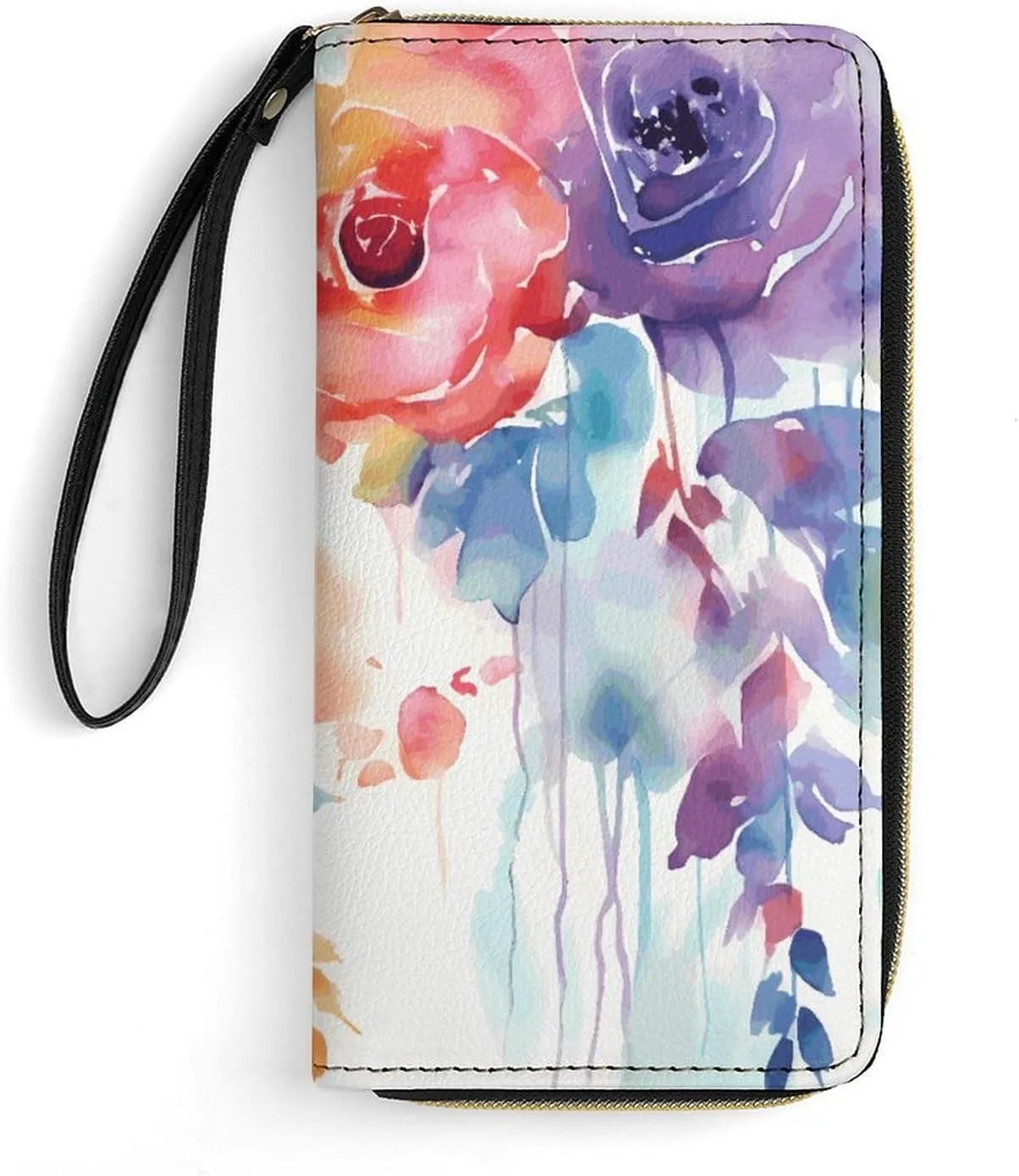 Watercolor Floral Leather Wallet Smooth Zip Around Clutch Wristlet Travel Long Soft Purse for Women