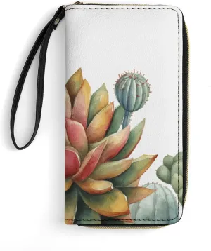 Watercolor Succulent Plant Leather Wallet Smooth Zip Around Clutch Wristlet Travel Long Soft Purse for Women