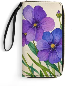 Watercolor Violet Flower Leather Wallet Smooth Zip Around Clutch Wristlet Travel Long Soft Purse for Women