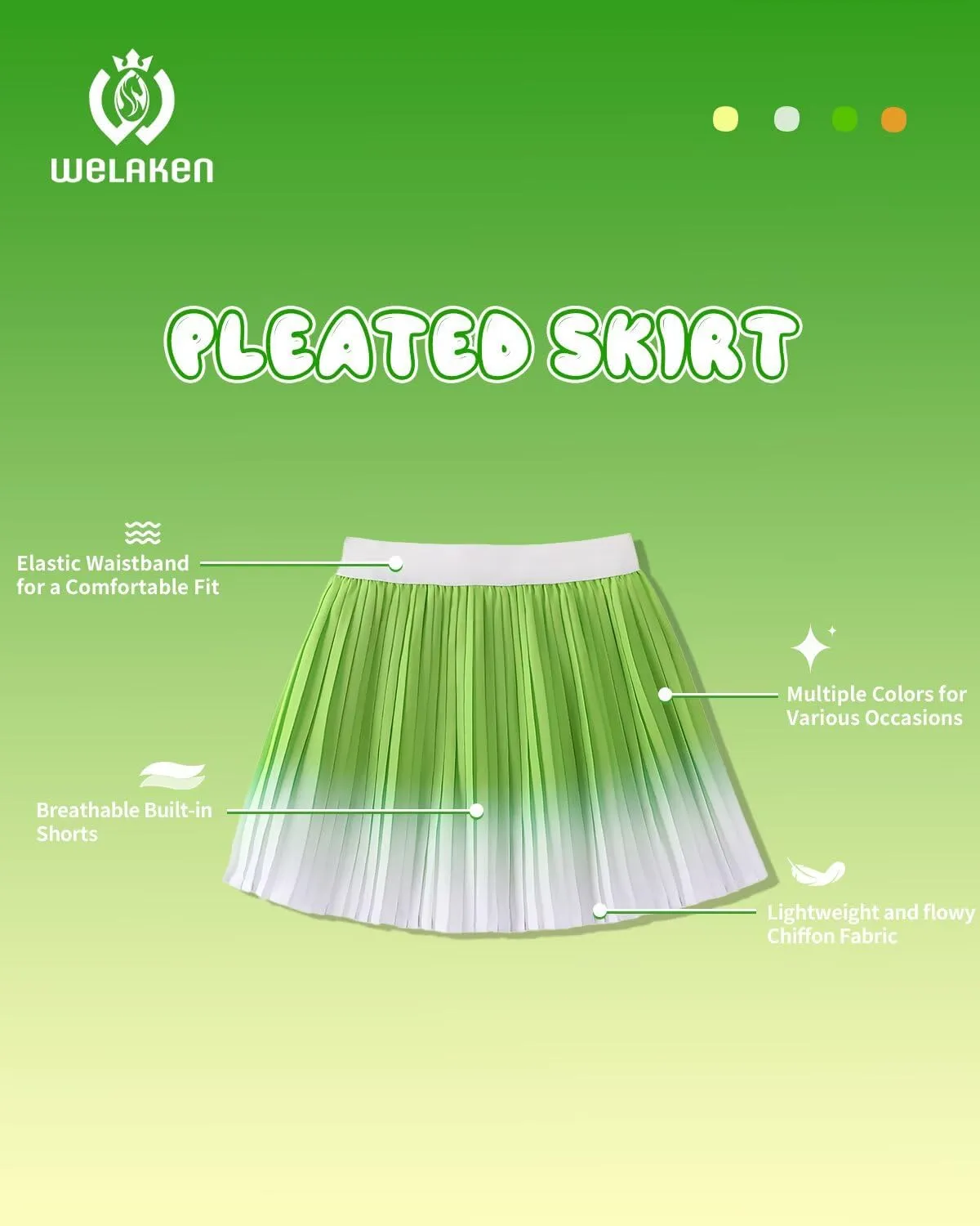 WELAKEN Girls' Pleated Skirt Flowy Elastic Waist Chiffon Athletic Skorts
