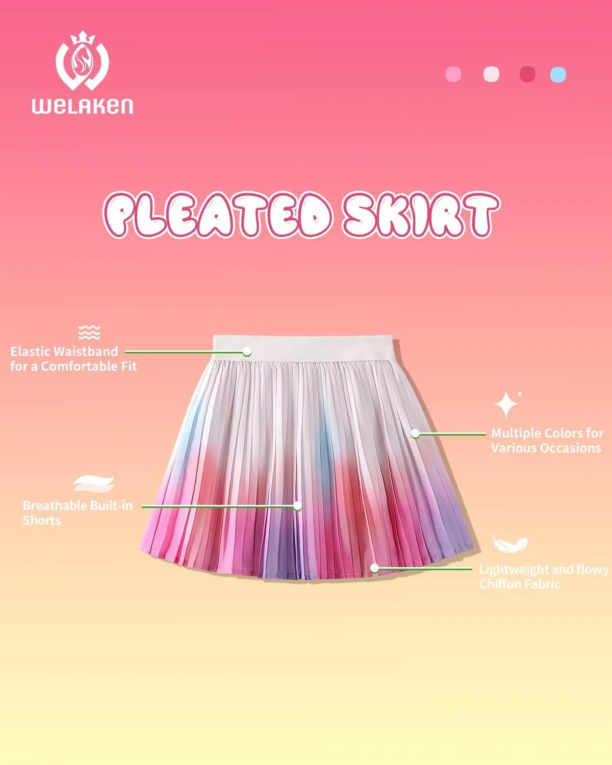 WELAKEN Girls' Pleated Skirt Flowy Elastic Waist Chiffon Athletic Skorts