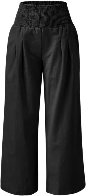 Wide Leg Linen Pants for Women Boho Beach Pants Casual Elastic High Waist Comfort Trendy Palazzo Pants