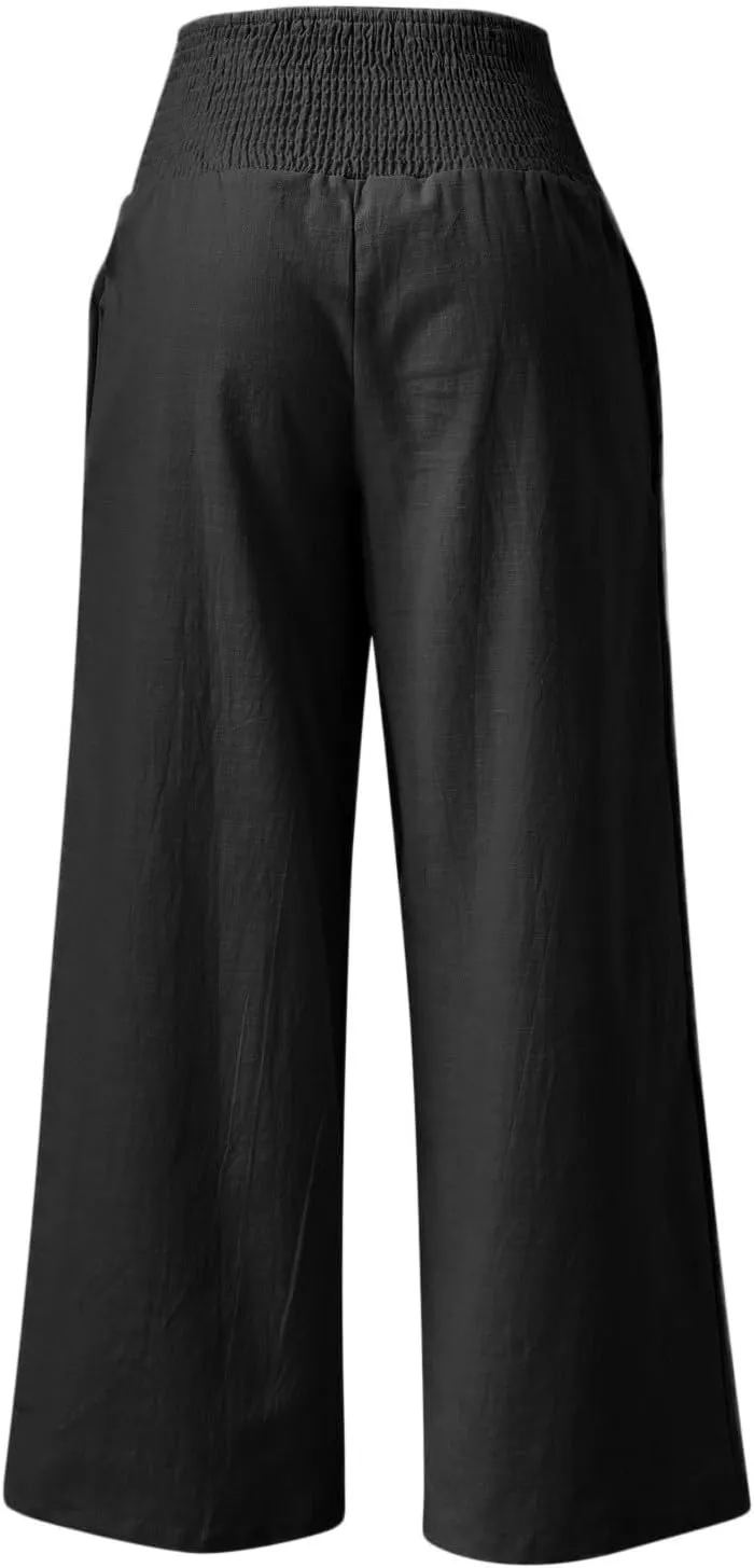 Wide Leg Linen Pants for Women Boho Beach Pants Casual Elastic High Waist Comfort Trendy Palazzo Pants