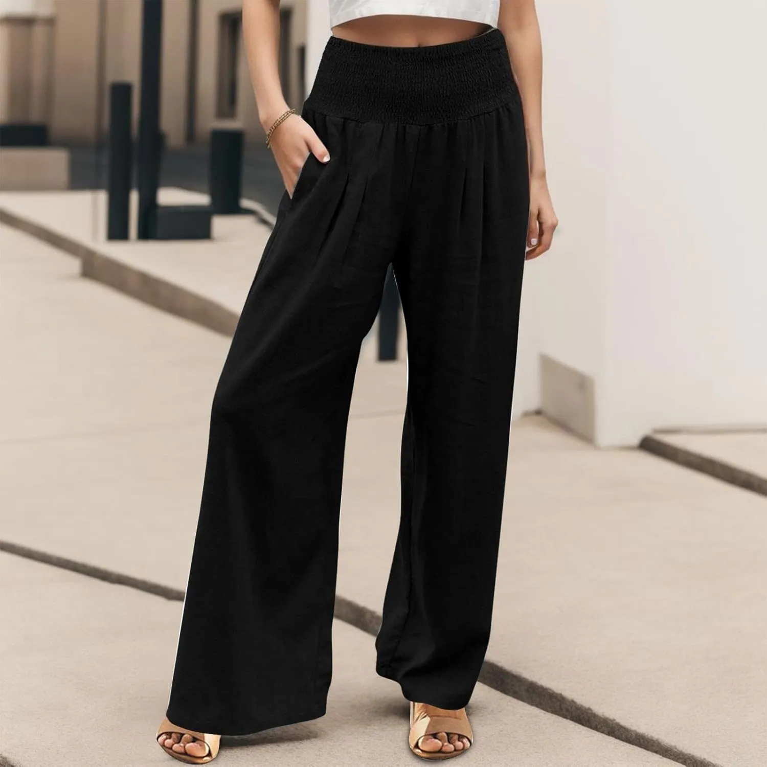Wide Leg Linen Pants for Women Boho Beach Pants Casual Elastic High Waist Comfort Trendy Palazzo Pants