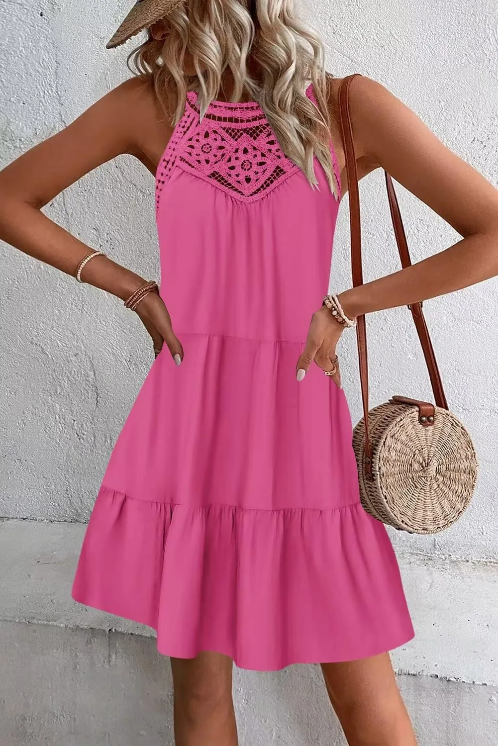 Wkior Womens Summer Dresses 2025 Casual Halter Sleeveless Flowy Mini Dress Tiered Pleated Beach Sundress