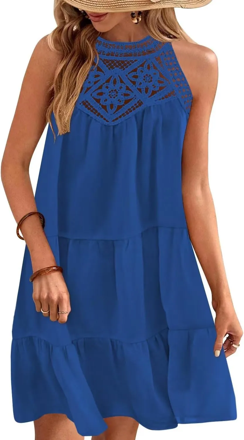 Wkior Womens Summer Dresses 2025 Casual Halter Sleeveless Flowy Mini Dress Tiered Pleated Beach Sundress