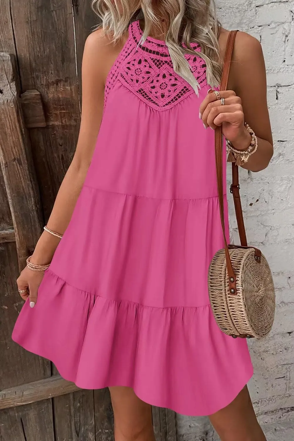 Wkior Womens Summer Dresses 2025 Casual Halter Sleeveless Flowy Mini Dress Tiered Pleated Beach Sundress