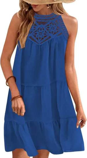 Wkior Womens Summer Dresses 2025 Casual Halter Sleeveless Flowy Mini Dress Tiered Pleated Beach Sundress