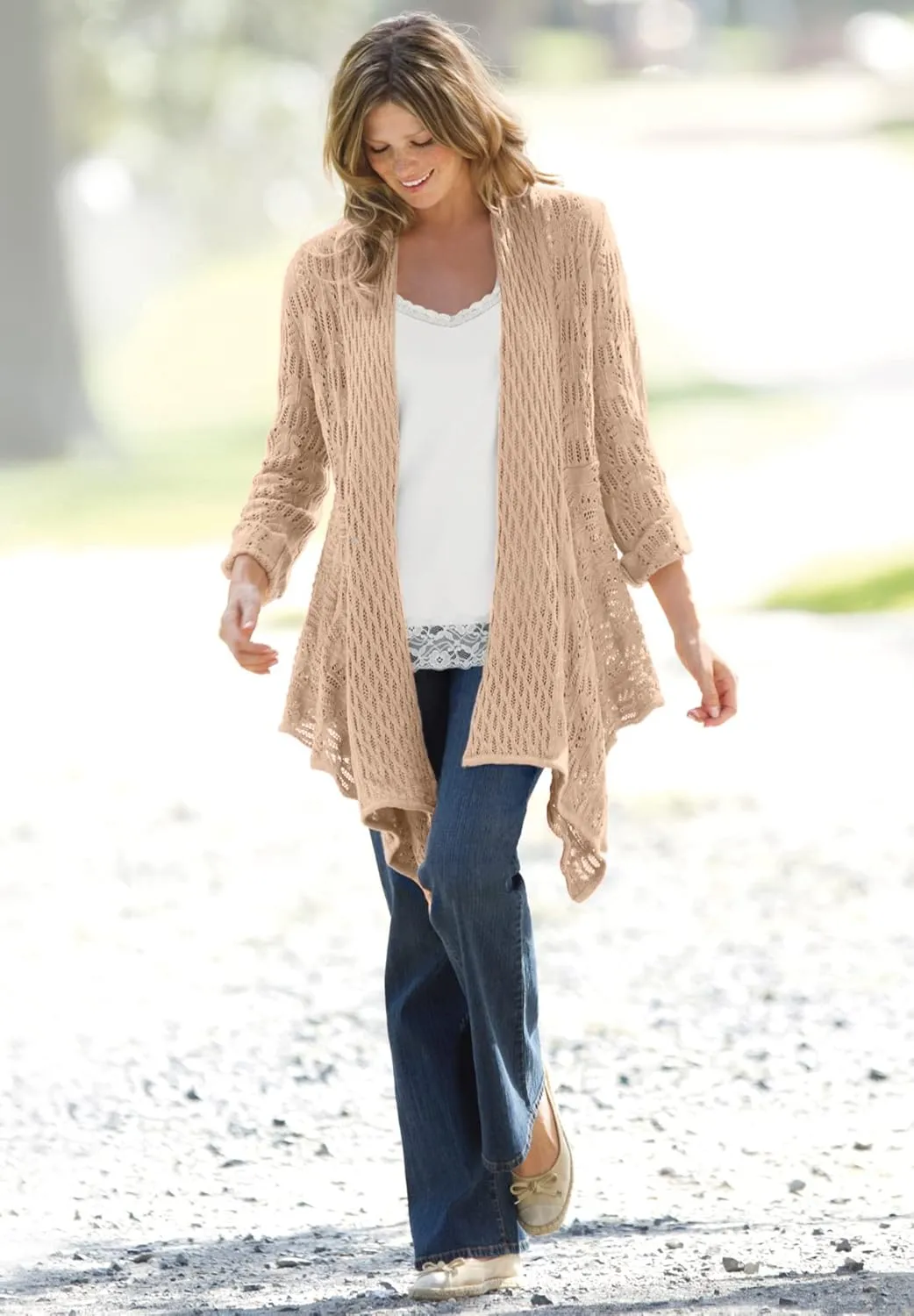 Woman Within Plus Size Open Front Pointelle Cardigan